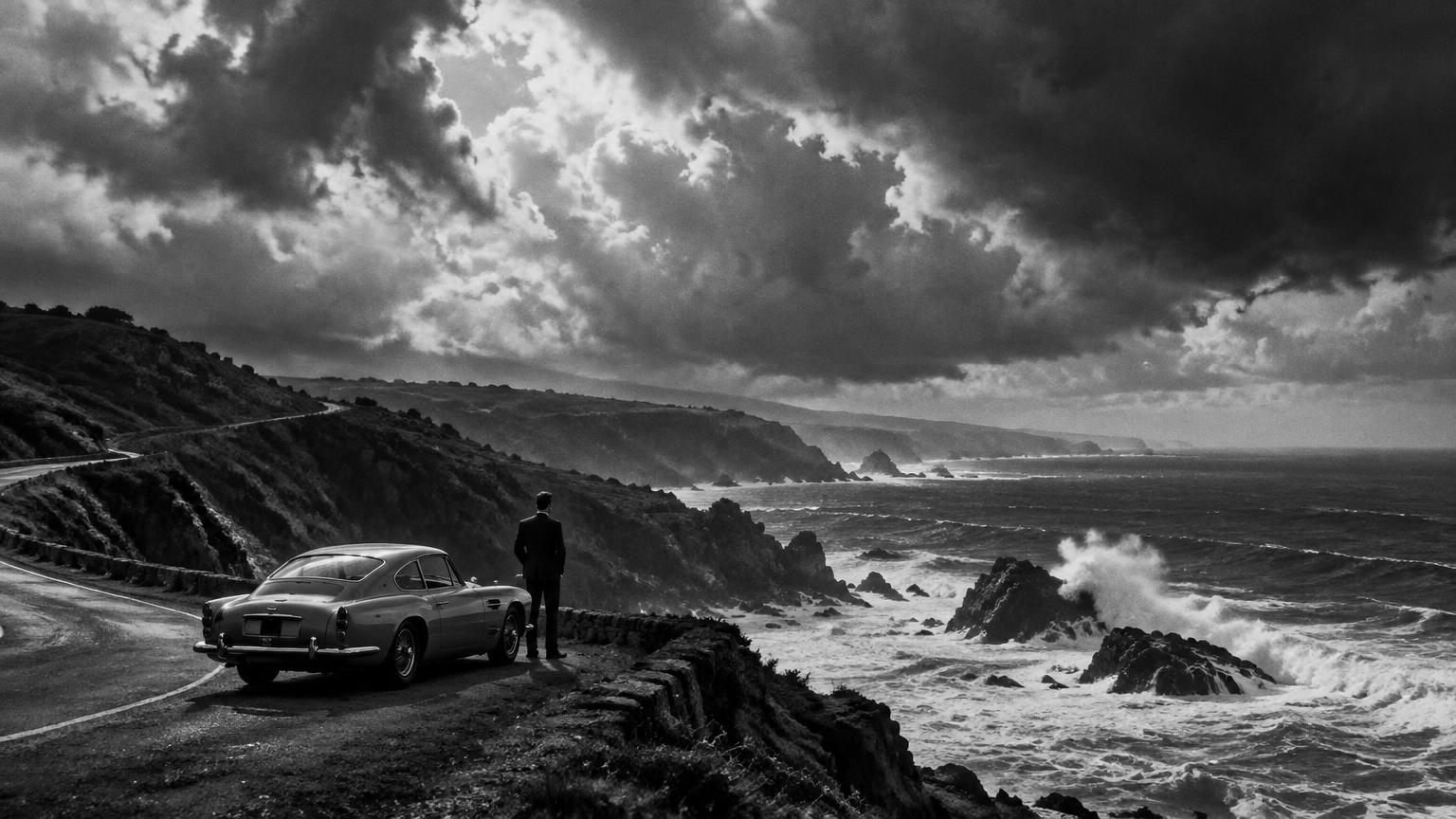 Vintage car above a stormy coastline