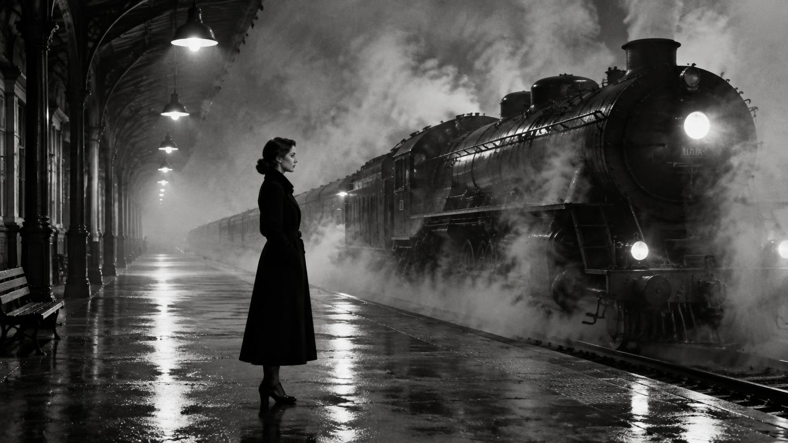 Woman beside a steam train